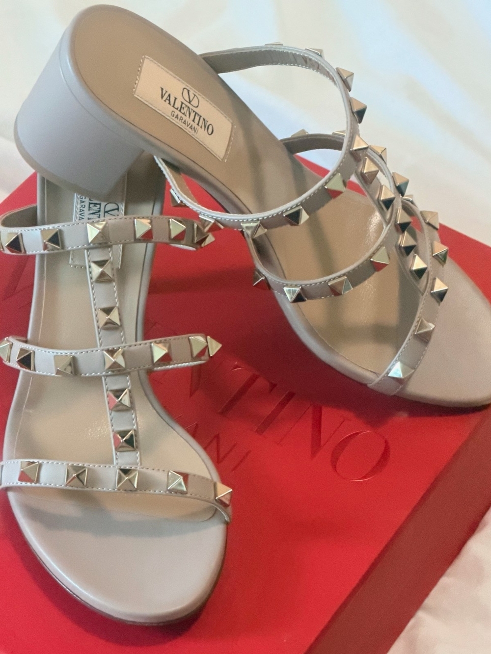 Valentino Garavani Studded Strappy Sandal in Light Beige and Silver